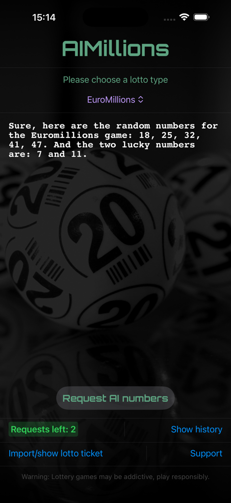 AIMillions - AIMillions app interface showing AI generated lottery numbers for EuroMillions