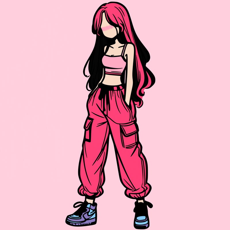 girl in baggy pants crop top and long hair
