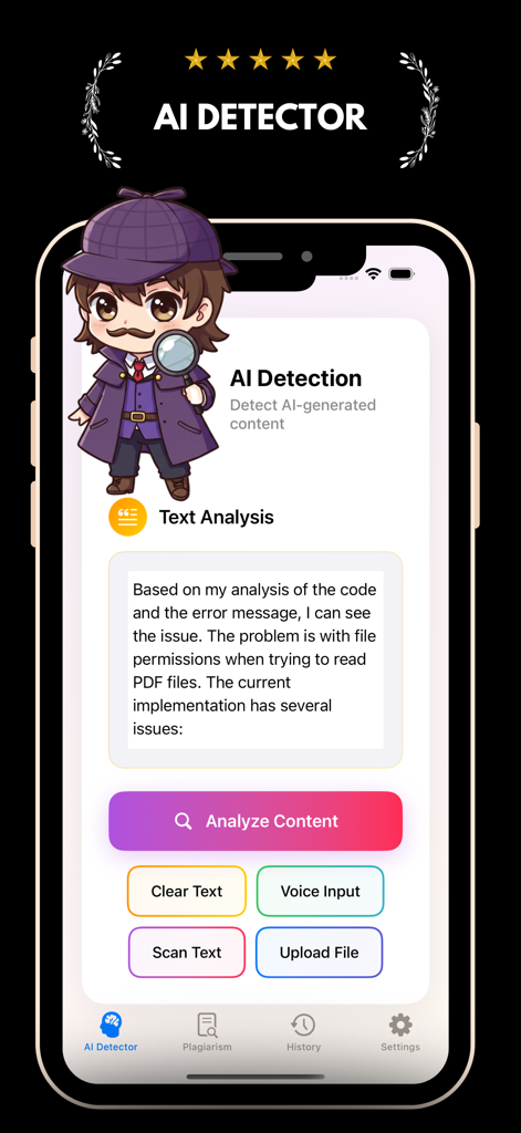 Plagiarism checker & bypass ai - La interfaz del Detector de IA del verificador de plagio y bypass de IA que muestra análisis de texto y opciones de carga.
