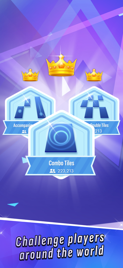 Piano Tiles 2 game screen showcasing different tile modes like Combo and Double Tiles with a global challenge message.