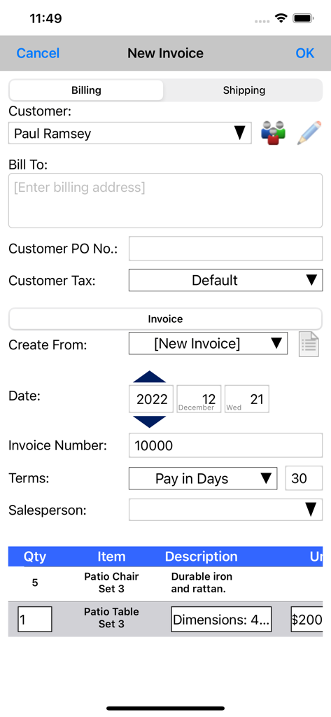 Mobile app interface for creating a new professional invoice with customer details and line items