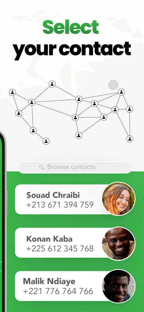 Sift Phone Recharge & Top up - Sift mobile app screen displaying a list of international contacts for phone recharge