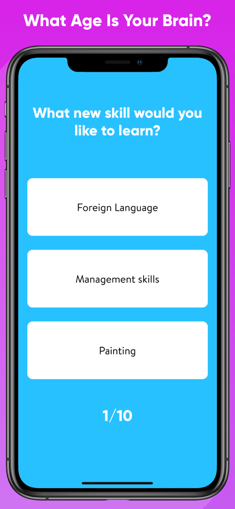 Uno screenshot di un'app mobile che mostra una domanda a scelta multipla di un test sull'età mentale che chiede di imparare una nuova abilità
