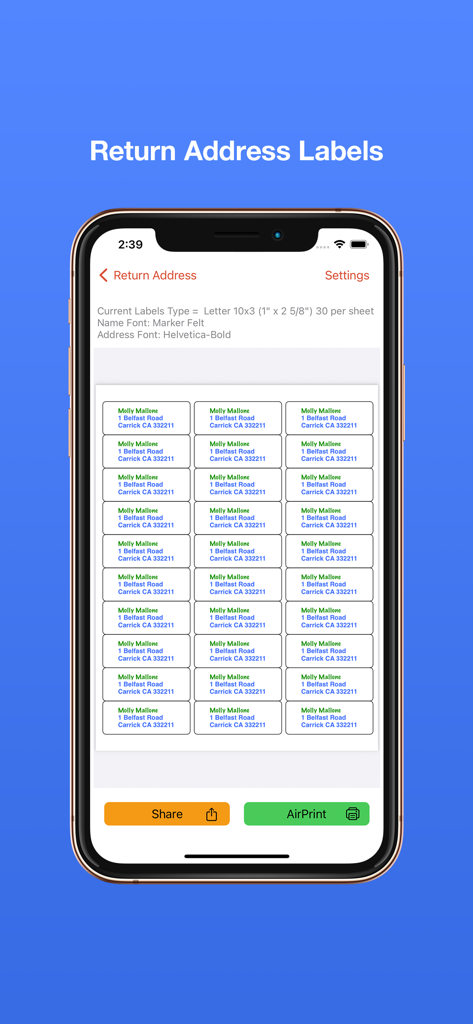 Address Labels & Envelopes - Vista previa de una hoja de etiquetas de remitente listas para imprimir en la aplicación Etiquetas y Sobres de Direcciones