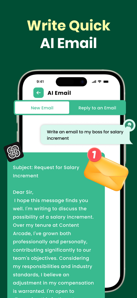AI Chat & AI Chatbot Assistant - Interfaz de la aplicación AI Chat que muestra un borrador de correo electrónico profesional generado para una solicitud de aumento de sueldo.