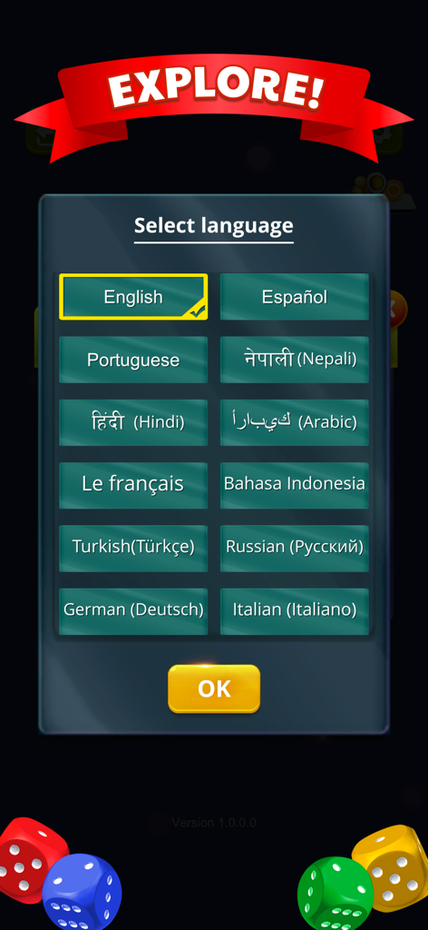 Menú de selección de idioma en la aplicación Parchís mostrando múltiples opciones de idioma, incluyendo inglés, español e hindi.
