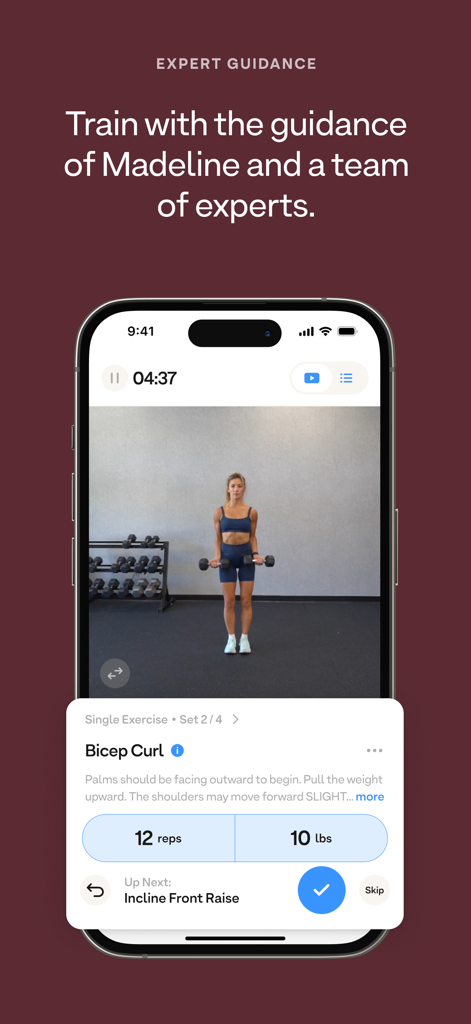 Mobile App-Oberfläche mit einer Videoanleitung eines Bizeps-Curls mit Wiederholungs- und Gewichtsverfolgung