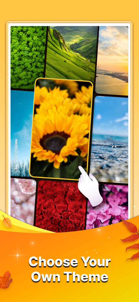 Word Search: Word Find Puzzle - A menu of relaxing nature-themed backgrounds including sunflowers and landscapes for the word search game