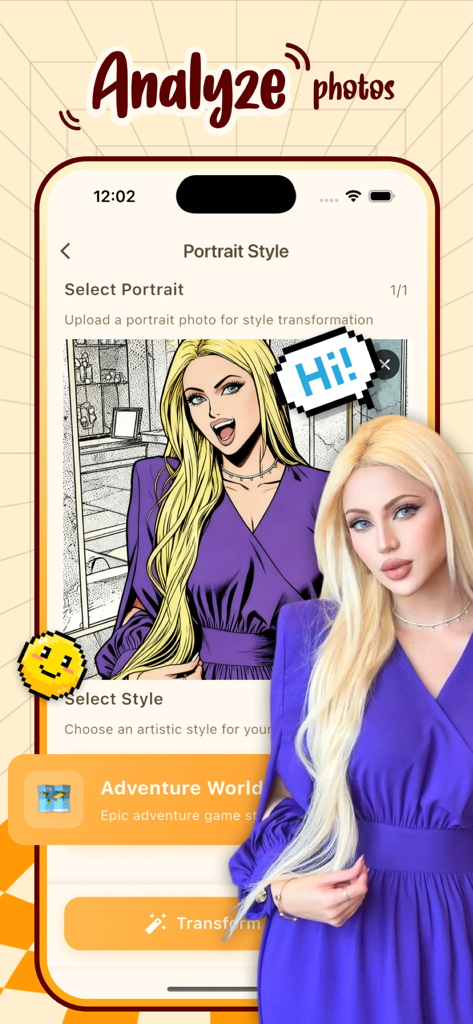 Ein Bildschirm aus der Ario-App, der die Funktion zur Porträt-Stiltransformation demonstriert und ein echtes Foto in eine Comicbuch-Illustration verwandelt.