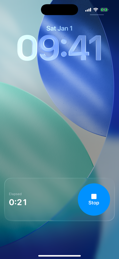 Contraction Timer Live Activity widget on iPhone lock screen showing elapsed time and a large stop button.