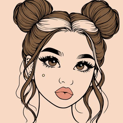 realistic girl with two buns on her hair and lips