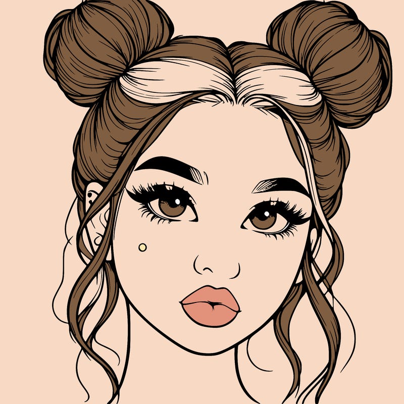 realistic girl with two buns on her hair and lips