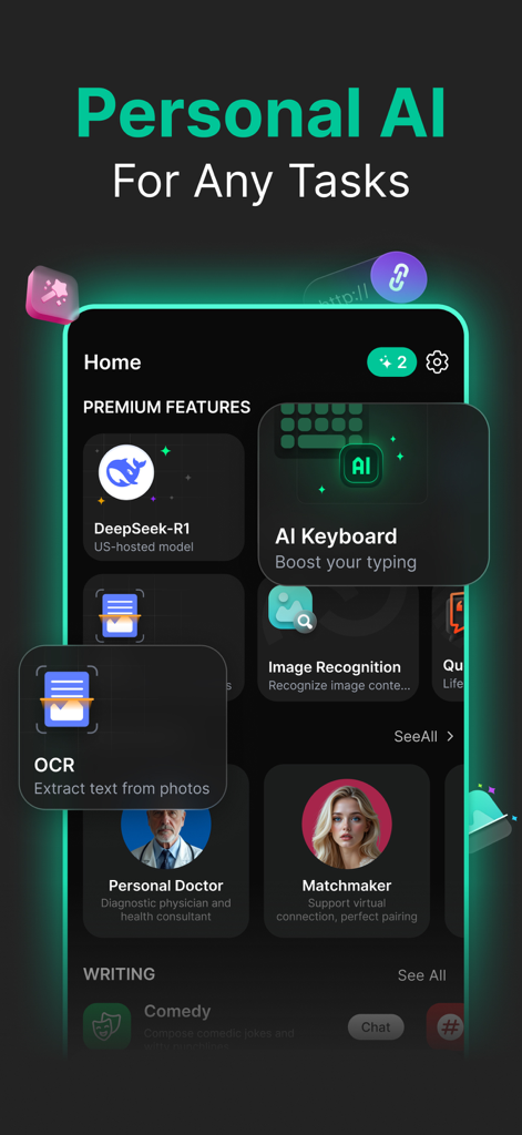 AI Chatbot 4 - Chat with AI - AI Chatbot 4 mobile app interface showcasing premium features including AI Keyboard, OCR, and DeepSeek-R1 model.