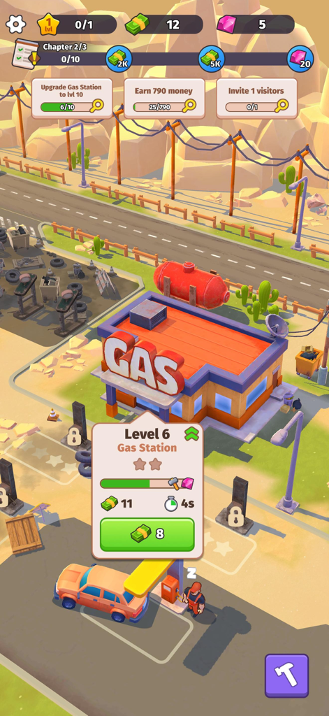Gas station management gameplay in Roadside Empire showing a car refueling and upgrade interface