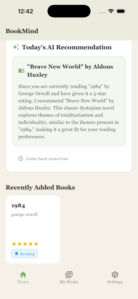 bookmind ai - BookMind AI 앱 홈 화면에 개인화된 일일 도서 추천과 최근 추가된 도서 목록이 표시됩니다.
