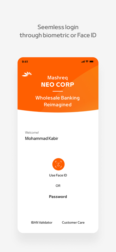 Mashreq NEO CORP - Écran de connexion de l'application Mashreq NEO CORP mettant en avant la sécurité biométrique Face ID.