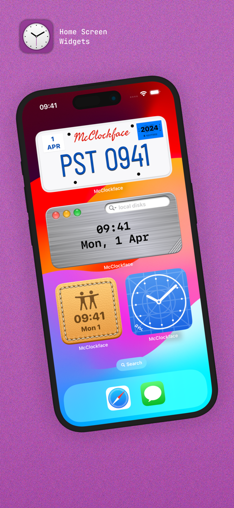 McClockface – Flip Clock - iPhone home screen with custom McClockface widgets in license plate and leather styles
