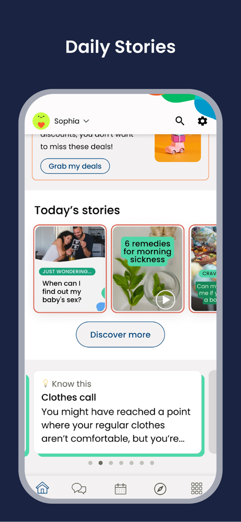 BabyCenter Track Pregnancy App - BabyCenter app interface displaying personalized daily pregnancy stories and expert health tips