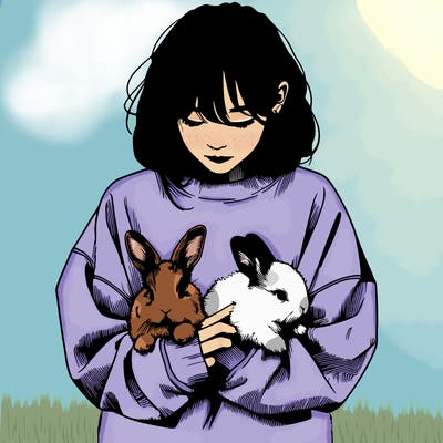 realistic girl with messy bunny baggy sweatshirt and holding bunnies