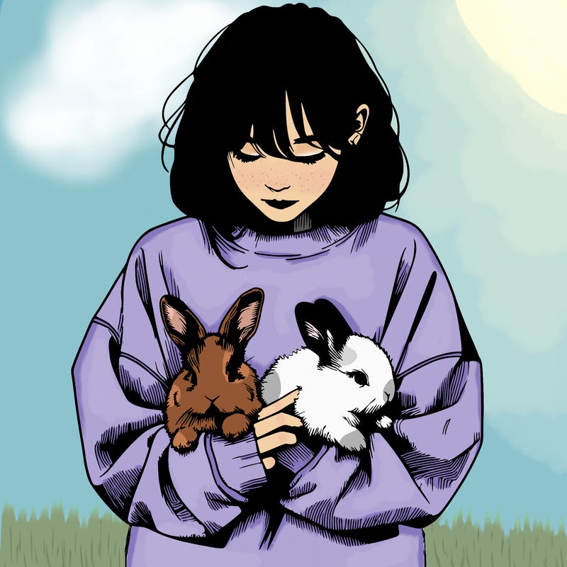 realistic girl with messy bunny baggy sweatshirt and holding bunnies
