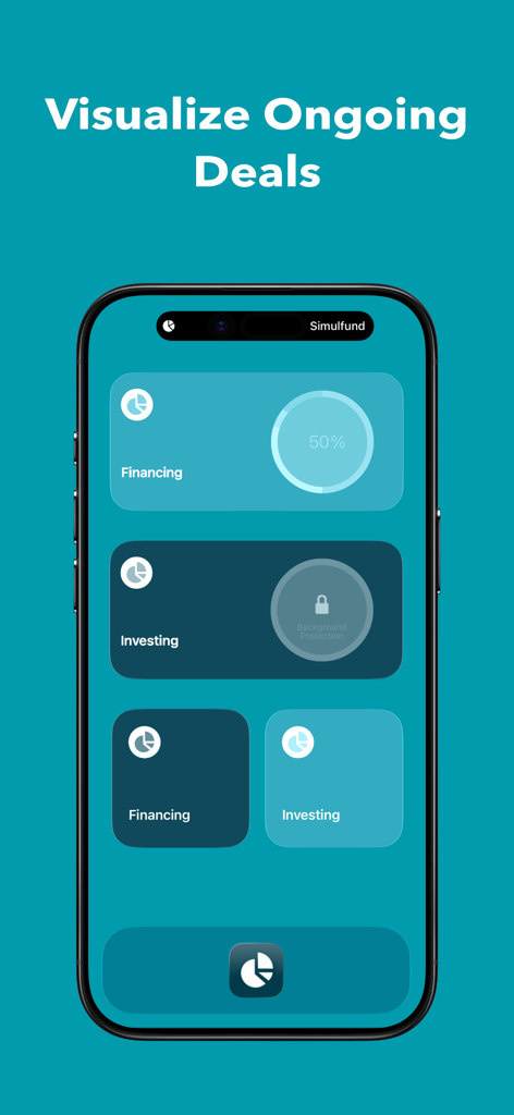 Simulfund * Startup Funding - 進捗インジケーター付きの進行中の資金調達および投資ディールを表示するSimulfundアプリのインターフェイス