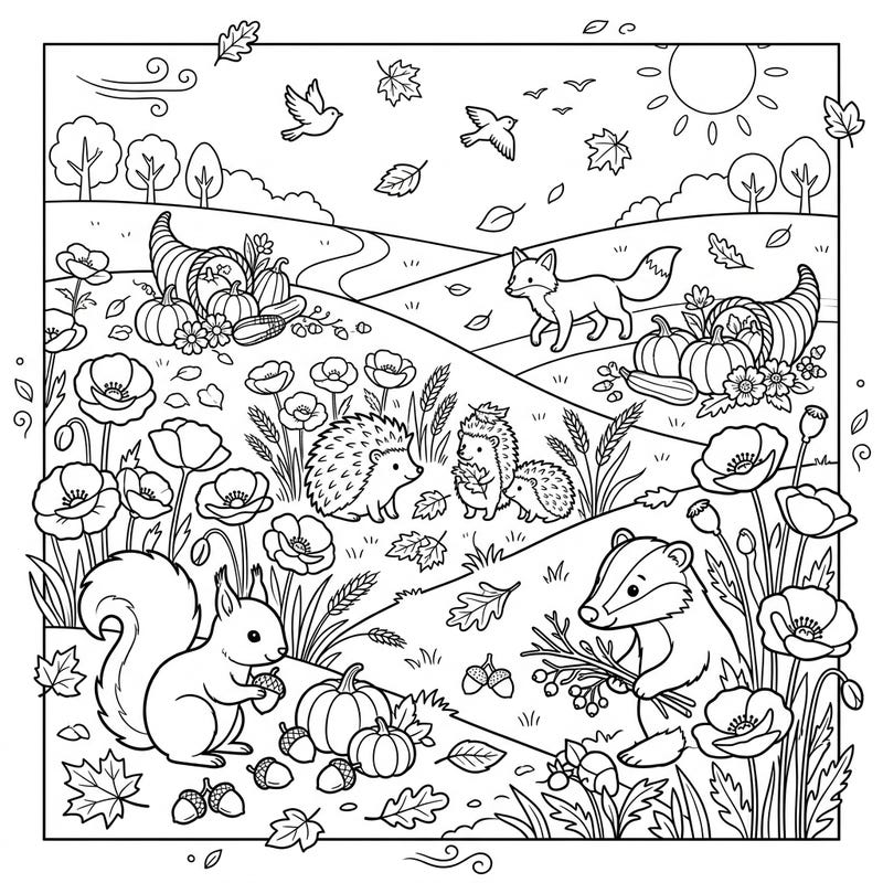 Journey into a whimsical autumn poppy field with this delightful coloring page for kids. Featuring charming woodland animals and harvest delights, it's perfect for a cozy fall day of creative fun.