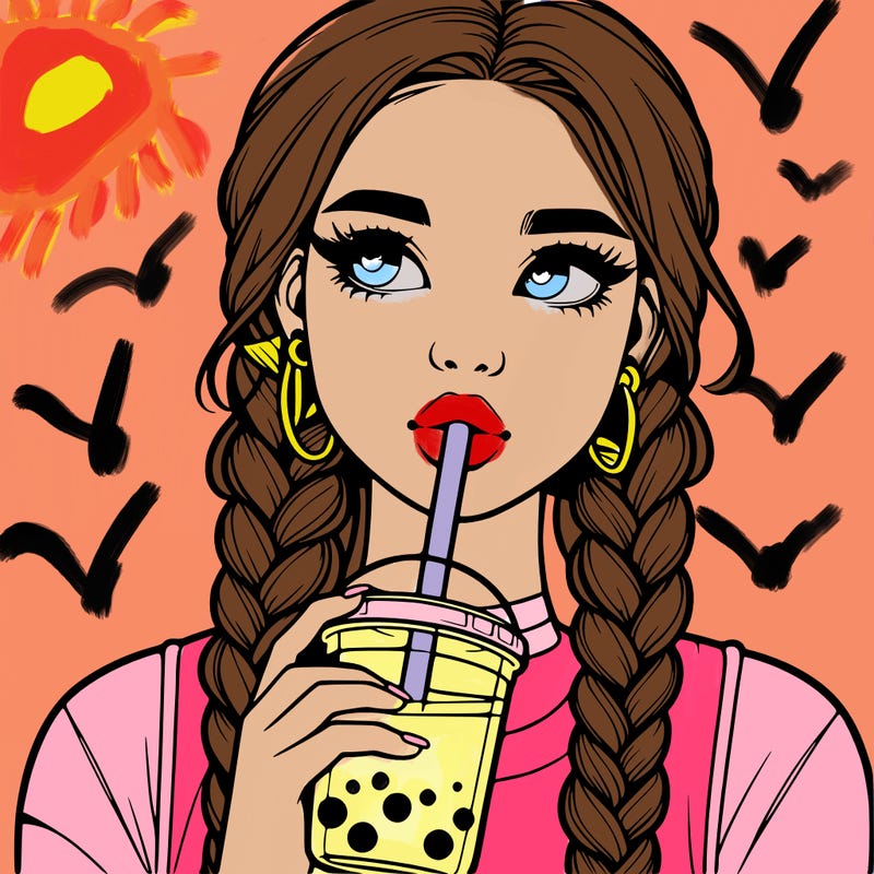 realistic girl with braided hair drinking boba
