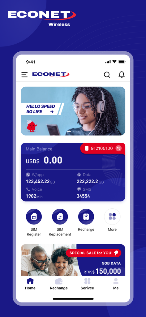 My Econet app home screen showing main balance and data usage statistics