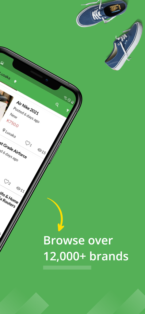TreeMarket app interface showing local listings for shoes and a headline for browsing brands