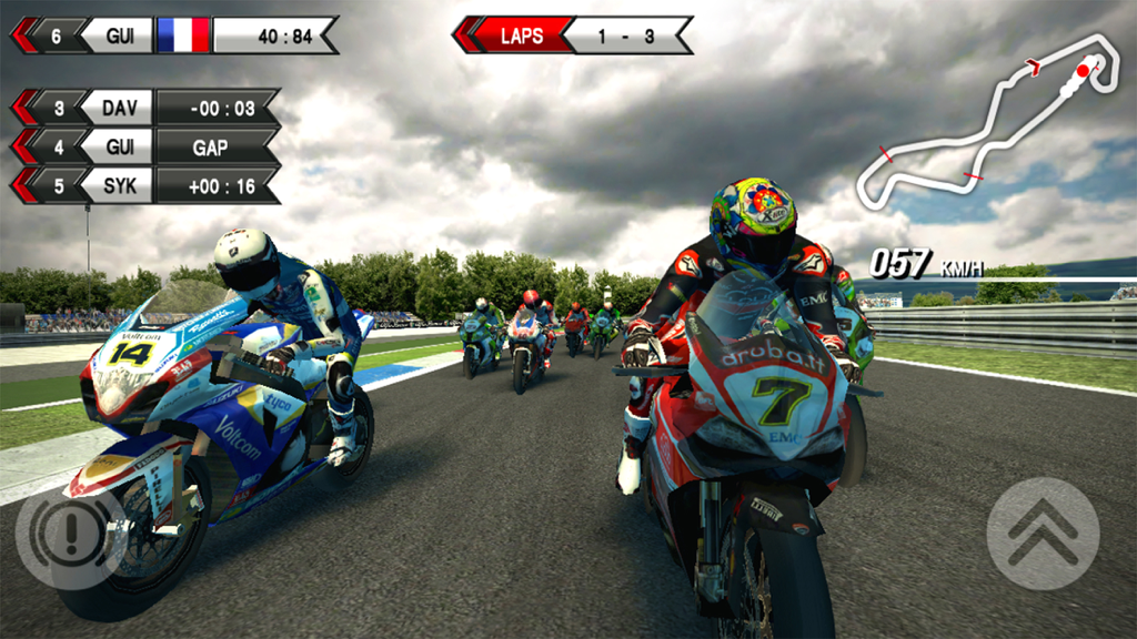 SBK15 - Official Mobile Game - A group of professional superbikes racing on a track in the SBK15 official mobile game