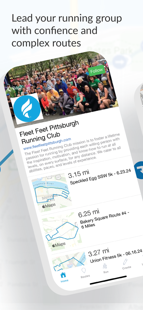 RunGo - The Best Routes to Run - RunGo app screen showing a running club page with various route maps and distances