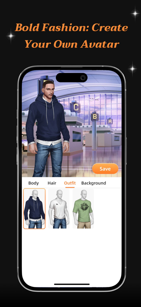 Echo：Secret Share&Virtual link - Pantalla de creación de avatares en la aplicación Echo que muestra opciones de personalización para el atuendo y fondo de un personaje masculino.