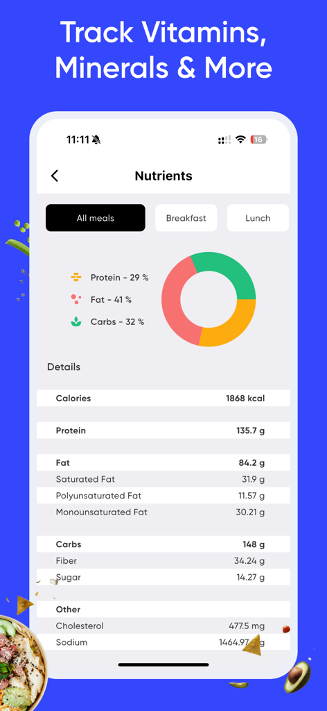 Calorie Counter by Wayout AI - Una pantalla detallada de seguimiento de nutrientes en la aplicación Calorie Counter que muestra un gráfico circular de macronutrientes y un desglose de calorías, proteínas, grasas y carbohidratos.