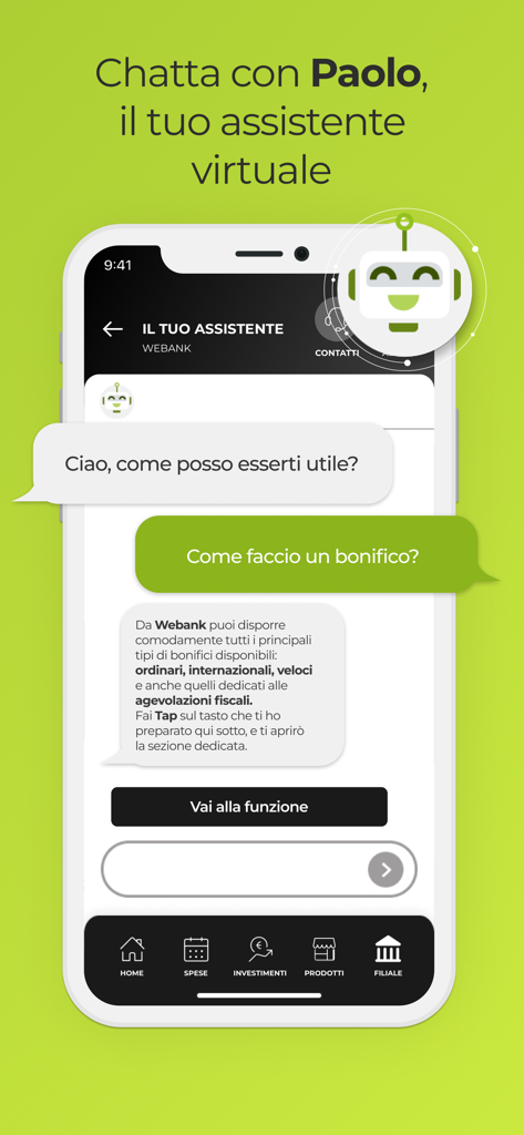 Interfaccia dell'app Webank che mostra una conversazione di chat con Paolo, l'assistente virtuale, su uno schermo di smartphone.