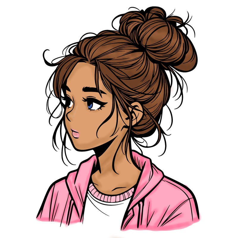 realistic teenage girl with a messy bun