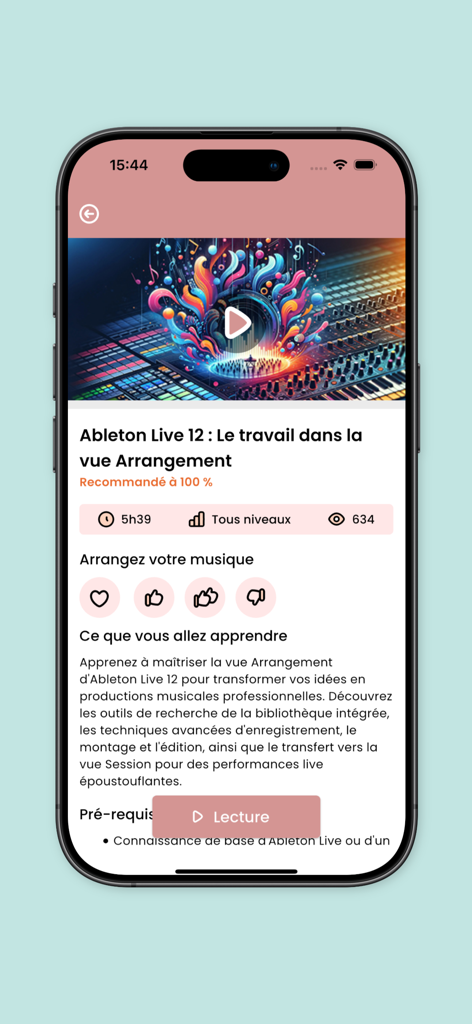 Page de cours sur l'application Toutapprendre montrant un tutoriel de production musicale pour Ableton Live 12 en français.