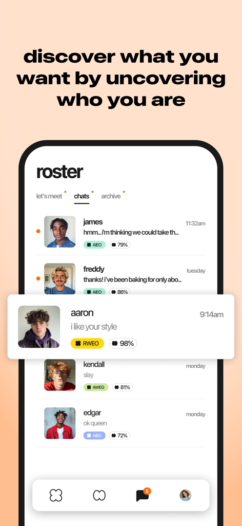 Nectar dating app roster screen showing a chat list with personality type codes and compatibility percentages for each profile.