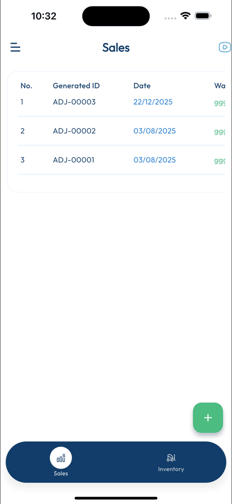 Nexa Tracker - Nexa Tracker sales history screen displaying transaction IDs and dates for a small business