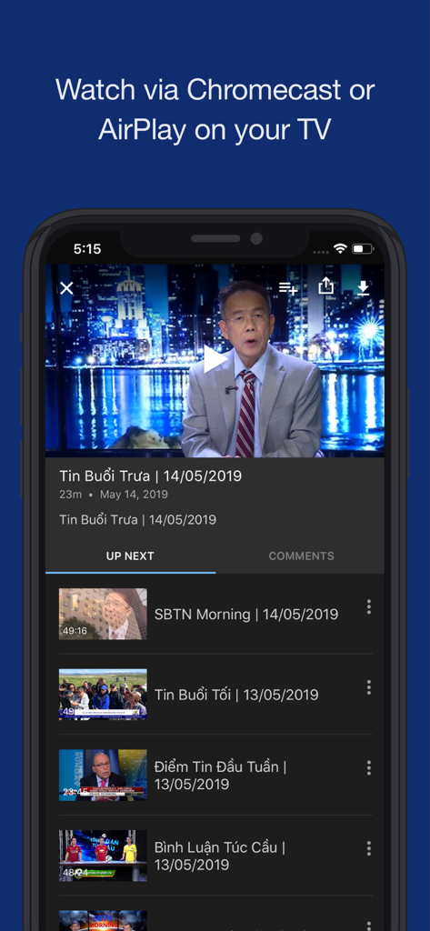 SBTN go mobile app interface showing a Vietnamese news video and Chromecast casting options