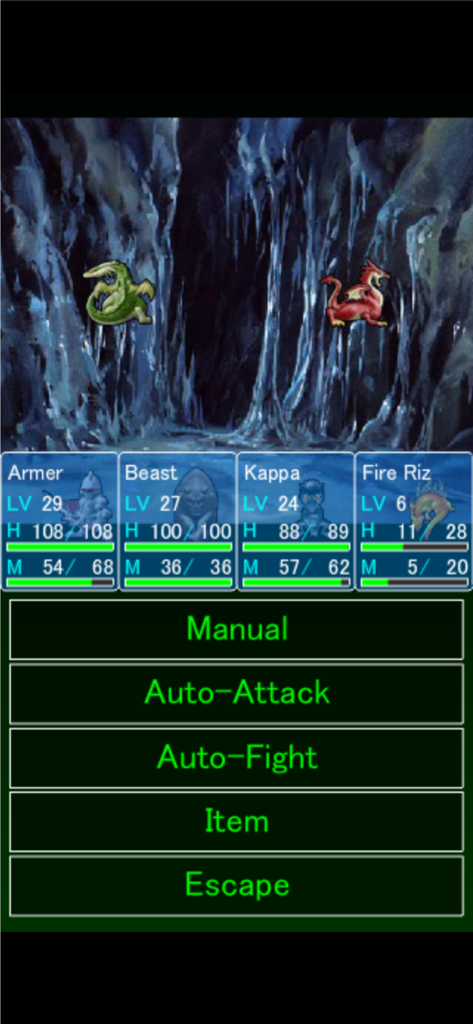 Monster Mate - Monster Mate battle interface with retro pixel art monsters in a cave