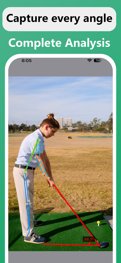AI-powered golf swing analysis showing 33-point pose detection and club angle measurement