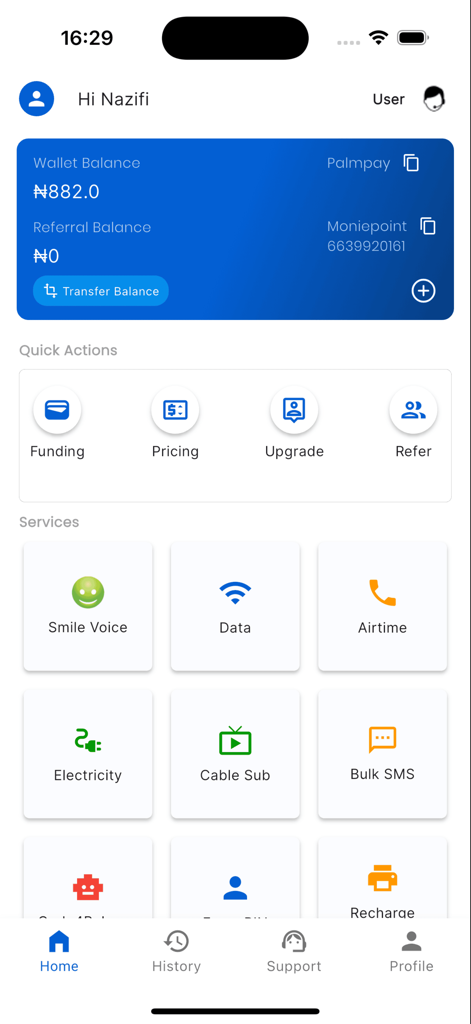 Cool Data Plug: Cheap Data - Cool Data Plug app dashboard showing wallet balance and services for data airtime and electricity
