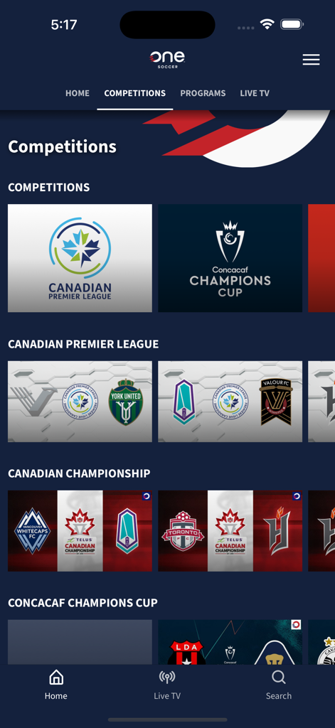 Pantalla de competiciones de la aplicación OneSoccer que muestra ligas como la Canadian Premier League y la Copa de Campeones de la Concacaf.