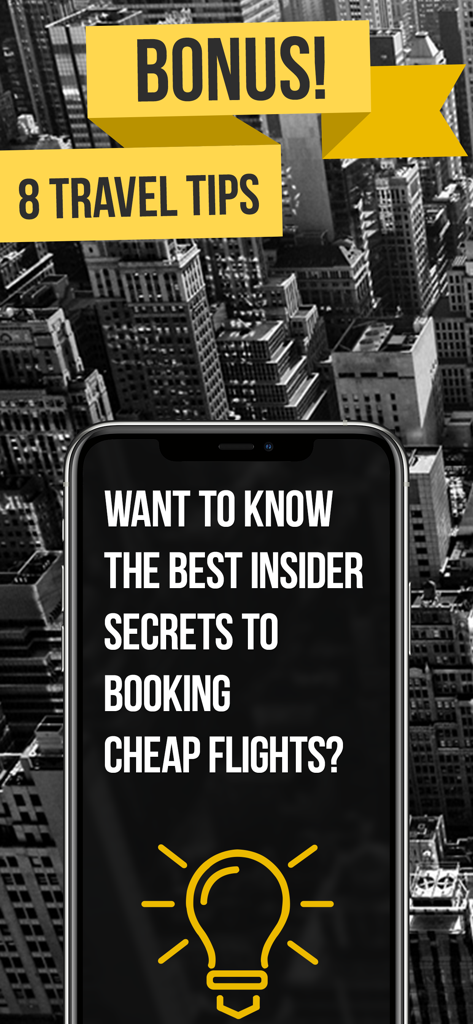 Tela de smartphone apresentando segredos internos para reservar voos baratos e um banner de dicas de viagem bônus