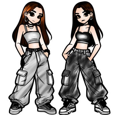 2 teen girls wearing baggy cargo jeans and crop tops