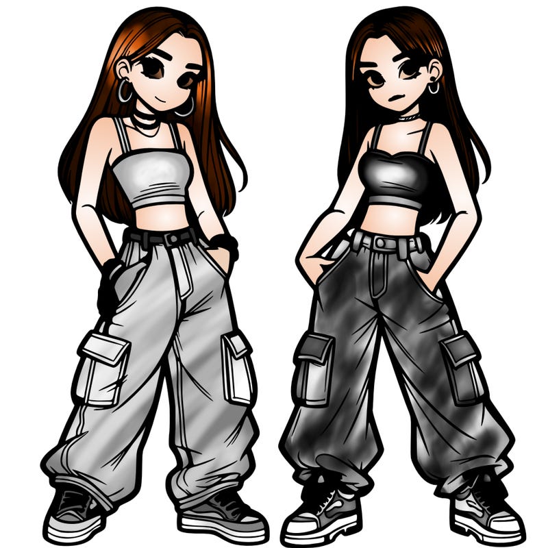 2 teen girls wearing baggy cargo jeans and crop tops