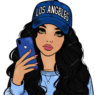 realistic beautiful girl wearing los ángeles cap holding an iphone