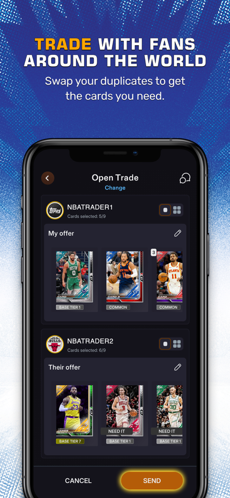 NBA Collect by Topps® - NBA Collect by Toppsアプリで、ユーザー間のオープンなトレードオファーを示すモバイルインターフェース。