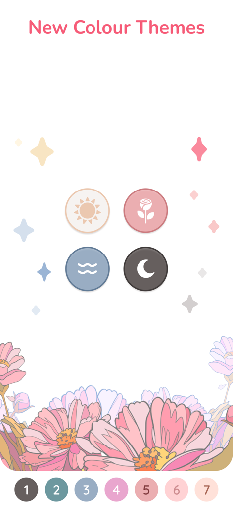 Oberfläche der Happy Color App, die vier atmosphärische Themen-Icons zeigt, darunter Sonne, Rose, Wasser und Mond