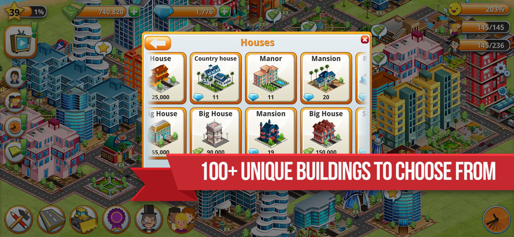 Village City Island Simulation - Mobile game interface showing house building options and selection menu
